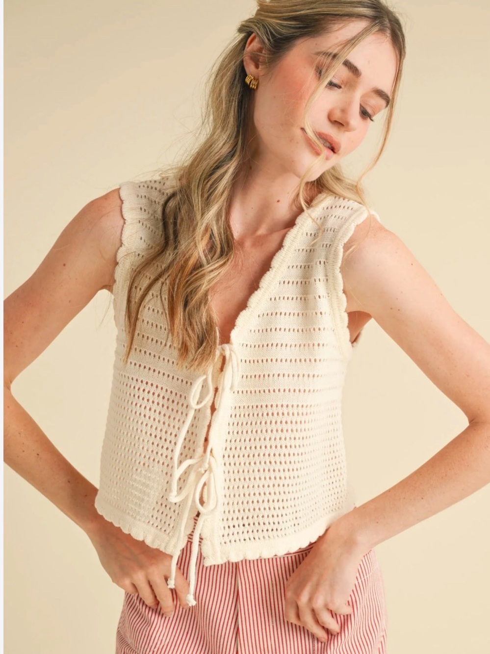 Lucky Brand Cream Crochet Tie-Front Granny Sweater Vest - NWOT 100% Cotton